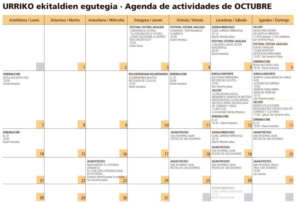 Horario de actividades de octubre